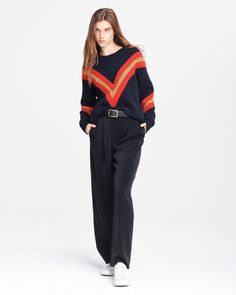 Leon Crewneck Ribbed Boyfriend Sweater in Navy | rag & bone Sporty Fall Sweater With Striped Cuffs, Oversized Ribbed Sweater For Work, Oversized Sweater With Ribbed Cuffs For Work, Striped Sweater With Ribbed Cuffs For Work, Striped Sweater For Work In Fall, Striped Sweater For Workwear In Fall, Long Sleeve Sweater With Striped Cuffs For Work, Chic Sweater With Contrast Stripes For Winter, Long Sleeve Striped Sweater For Work