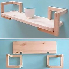 two pictures of a wooden shelf with a bowl on it and one has a cup in the middle