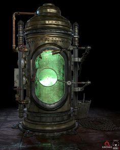 an old fashioned steam stove with green light