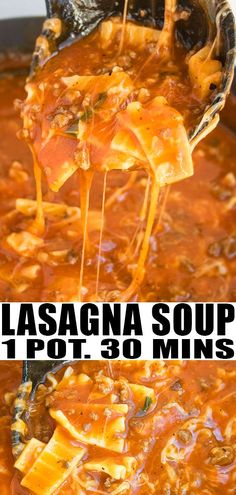 lasagna soup in a pot with the title above it