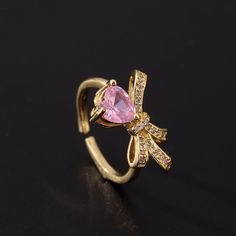 Fashion Element: Bow Style: Sweet Pink Zircon, Bow Style, Style Pink, Zircon Ring, Luxury Style, Romantic Style, Affordable Luxury, Open Ring, Watch Necklace