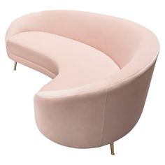 a pink curved chair with gold legs