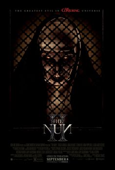 the nun movie poster with an evil looking person behind a chain link fence