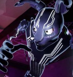 an animated character is standing in front of a purple background with black and white lines