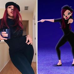 a woman with red hair and black catsuits is holding a cup in one hand