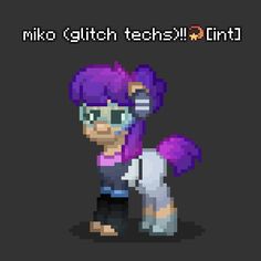 an old pixel art style character with purple hair and glasses, standing in front of a black