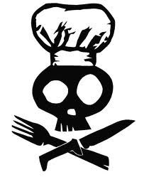 a skull with a chef's hat on top of it and two crossed knives