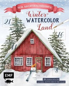 an advertisement for winter watercolor land with a snowman in front of a red house