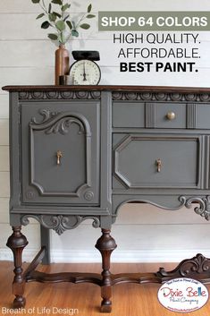 an old dresser painted gray with the words shop 4 colors high quality, affordable best paint