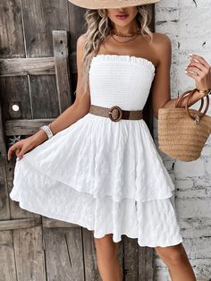 Women's 2024 Sumer Boho Dress Sleeveless Strapless White Dress Casual Strapless Knee-length Dress For Spring, Casual Knee-length Strapless Dress For Spring, Strapless Sundress For Summer, Strapless Sleeveless Dress For Beach Season, Sleeveless Non-stretch Sundress For Spring, Spring Sleeveless Non-stretch Sundress, Non-stretch Sleeveless Sundress For Spring, Summer Strapless Sundress For Day Out, Strapless Sundress For Beach Season