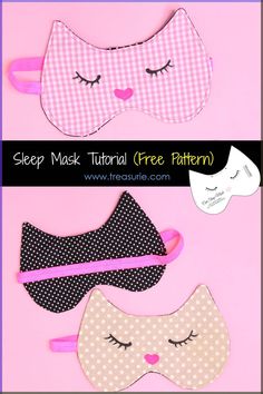 three masks made out of fabric with the words sleep mask free pattern on top and bottom