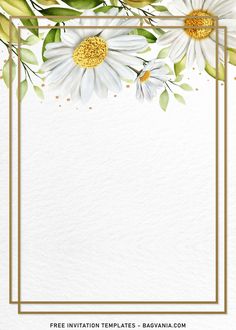 white daisies and green leaves with gold frame on watercolor paper background for free printable templates