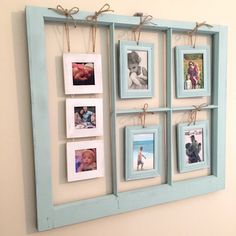 a blue frame with pictures hanging on it