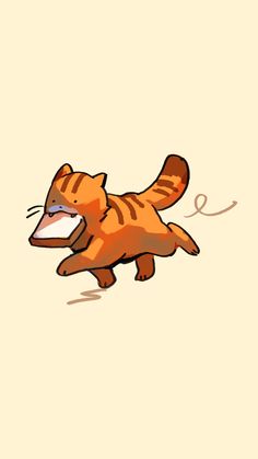 an orange cat is running across the floor with its mouth open and tongue out in front of it