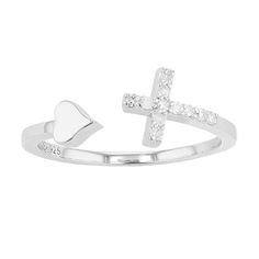 Decorated with sparkling round-cut diamonds, this heart and cross ring is a sweet symbol of your faith. Decorated with sparkling round-cut diamonds, this heart and cross ring is a sweet symbol of your faith. Nickel free Metal: sterling silver Packaging: boxed Plating: rhodium, 14k gold, rhodium, 14k rose gold, rhodium Width: 12 mm Finish: polishedDIAMOND DETAILS Total weight: 1/10 ct. Shape: round Setting: prong Diamond weights are approximate. Diamond Total Weights may vary between .01 and .13 Diamond Cross Ring For Anniversary, Diamond Accented Cross Promise Ring, Cross Shaped Promise Ring With Diamond Accents, Cross Ring With Diamond Accents For Promise, Promise Ring With Cross Shaped Diamond Accents, Diamond Cross Ring With Diamond Accents For Promise, Cross-shaped Promise Ring With Diamond Accents, Adjustable Cross-shaped Promise Ring, Adjustable Cross-shaped Ring For Anniversary