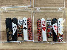 hand painted xxl rectangle nails with card theme. queen of hearts and king of spades. Ace Of Spades Nail Design, Queen Of Hearts Nail Art, Ace Of Hearts Nails, Card Nails Design, Rectangle Nails, Queen Of Hearts Nails, Cards Nails, Card Nails, Nails Fancy