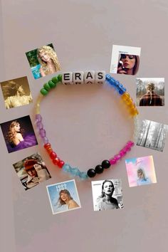 a bracelet with many pictures on it and the word eiras spelled in white letters