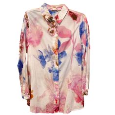 Soft Surroundings Abstract Floral Button Down Top Pink And Blue Abstract Large Floral Print Top With Super Cute Floral Embroidered Detail On The Button Hem New Without Tag Feminine Floral Print Button-up Shirt, Chic Floral Print Button-up Blouse, Daywear Floral Print Button-up Shirt, Patterned Abstract Print Button-up Top, Spring Abstract Print Button-up Blouse, Large Floral Print, Soft Surroundings, Floral Print Tops, Blue Abstract