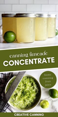 three jars filled with green liquid next to limes