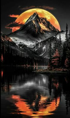 the full moon is setting over a mountain range with trees and water in front of it