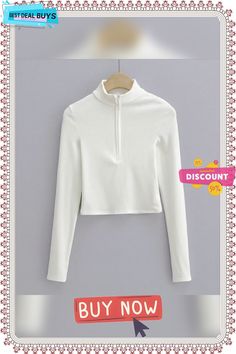 Collar Half Slim Fit Zip Long-sleeved Knitted Women's Cropped T-shirt Solid Color Top Casual White Ribbed Long Sleeve Top, Trendy White Turtleneck Top, White Trendy Turtleneck Top, Casual White Turtleneck Top, Trendy White Top With Ribbed Neckline, White Tops With Ribbed Neckline For Spring, Cropped T Shirt, Crop Tshirt, Ladies Tops Fashion