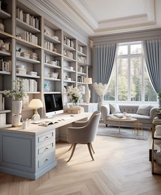 a home office with built in bookshelves and desk