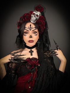 Sugar Skull Crown with Burgundy Roses and Skull Sugar Skull Crown, Skull Headpiece, Skull Santa, Skull Crown, Sugar Skull Costume, Crown Halo, Burgundy Roses, Skull And Roses, Roses Black