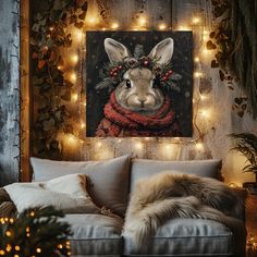 a living room decorated for christmas with lights and greenery on the wall, an image of a rabbit wearing a scarf