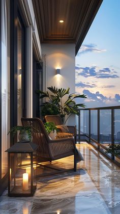 the balcony is lit up with candles and plants