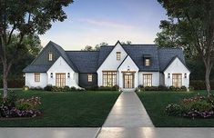 this is an artist's rendering of the front view of a house with white trim and black shingles