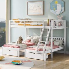 a white bunk bed sitting next to a wooden floor in a child's room