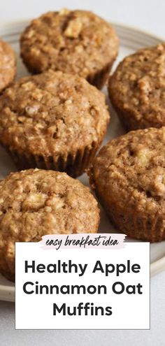 healthy apple cinnamon oat muffins on a white plate with text overlay