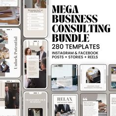 the mega business consulting bundle includes 28 templates for instagram and facebook posts - reels