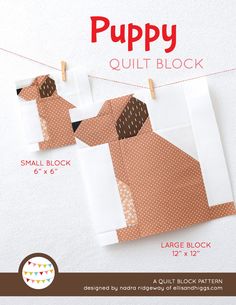 the puppy quilt block is cut into squares and placed on a clothes line with pegs