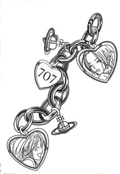 a black and white drawing of a keychain with two hearts attached to it