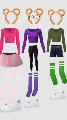 an assortment of clothing and accessories including socks, tights, headbands and shoes