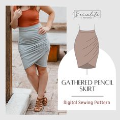 Gathered Pencil Skirt printable pattern and tutorial. - Flat knit waistband - Intermediate skill level - Use medium weight knit fabric - Sizes XXS-7XL - Printable A4/Letter/A0 templates and projector file included - Full step by step illustrated tutorial included  - Fabric amounts 1.8 - 3.2 yd - BODICE NOT INCLUDED - THIS IS NOT A FINISHED PRODUCT - THIS IS NOT A PHYSICAL PAPER PATTERN Disclaimer - The information in this tutorial and the accompanied pattern, is the intellectual property of Chelsea Bootsman of Socialite Patterns.  By purchasing a tutorial or pattern from Socialite Patterns, you are agreeing to: - Never share the patterns purchased from Socialite Patterns, unless given direct permission by Chelsea Bootsman (maker and designer of Socialite Patterns). - Never re-sell the patt Pencil Skirt Pattern Sewing, Summer Skirt Pattern, Projector Sewing, Pencil Skirt Pattern, Skirt Patterns Sewing, Work Skirts, Intellectual Property, Paper Pattern, Sewing For Beginners