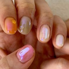 Korean Abstract Nails, Multicolor Short Nails, Spring Jelly Nails, Round Gel Nails Short, Gel On Natural Nails Short, Very Short Nails Design, Name On Nails, Simple Gel Nail Art, Short Colorful Nails