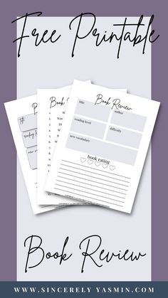 three free printable book review pages with the text, free printable book review