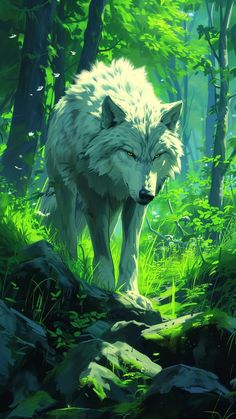 a white wolf walking through a lush green forest