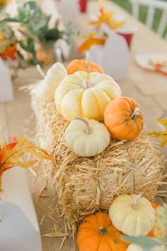 pumpkins and gourds sit on hay bales in the center of a table