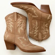 New Dolce Vita Runa Embroidered Western Boots - Whiskey Nubuck Size 9.5 Brand New, Never Worn - No Box Nubuck Leather Upper Recycled Synthetic Outsole Recycled Textile Lining Water-Based Leather Alternative Sock 8.3" Shaft Height 12.2" Leg Circumference 2.6" Heel Height Western Beige Embroidered Boots, Western Embroidered Beige Boots, Embroidered Beige Western Boots, Embroidered Beige Boots For Fall, Beige Embroidered Boots For Fall, Dolce Vita Shoes, Nubuck Leather, Western Boots, Whiskey