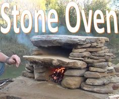 a man kneeling down next to a stone oven with the words stone oven on it