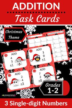 christmas themed task cards with santa claus and snowman on the background, including 3 single - digit numbers