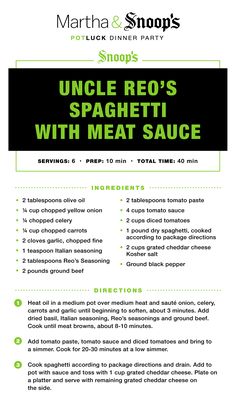 the flyer for uncle reo's spaghetti with meat sauce is shown in green and black