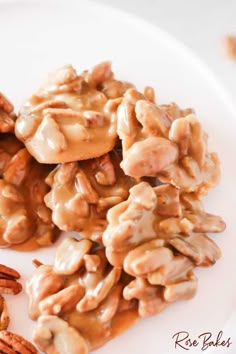 pecan pralies on a white plate with nuts