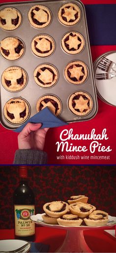 a pan filled with mini pies next to a bottle of wine and a plate full of cookies