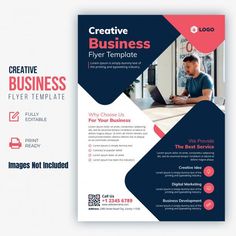 a business flyer template with an image of a man working on a laptop in the background