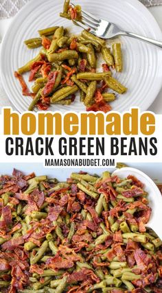 green beans with bacon in a white bowl and on a plate next to another dish