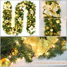 christmas garlands with lights and poinsettias hanging from the top, below